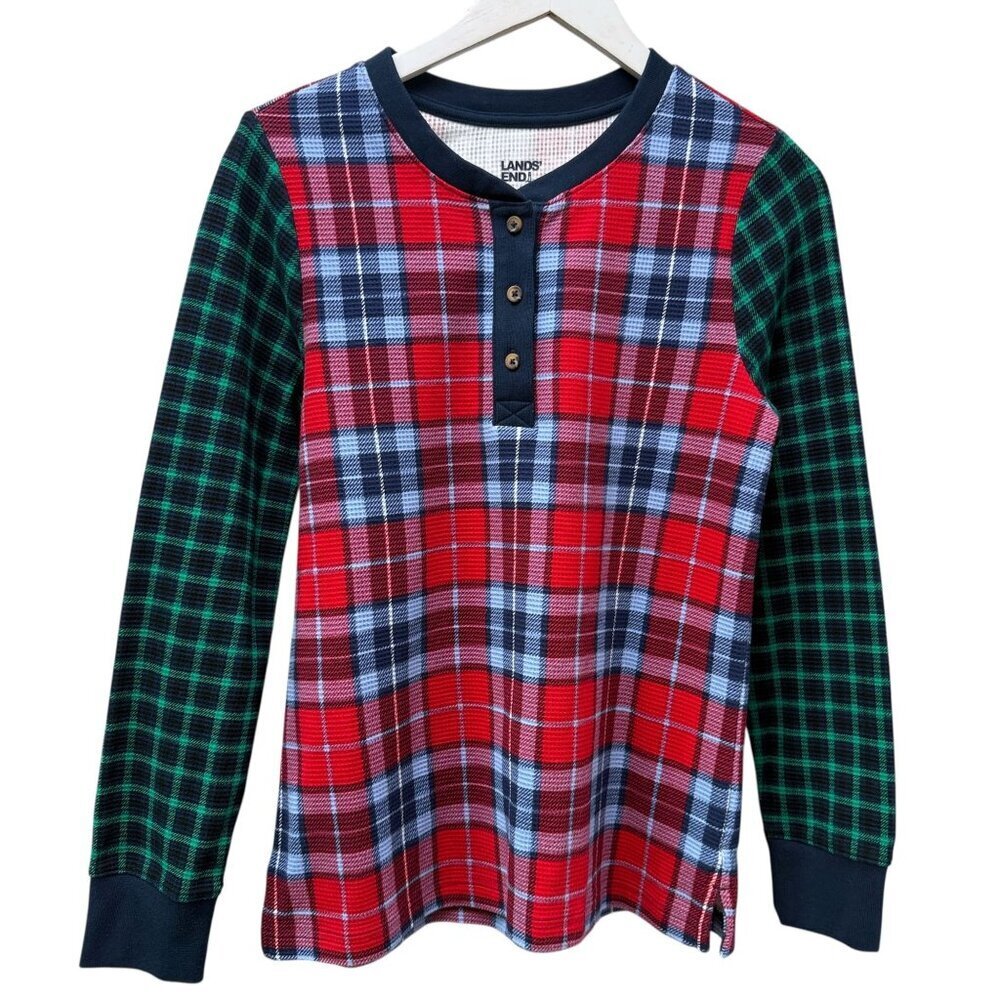 Lands End Holiday Plaid Waffle Knit Henley Tee Small Red Blue Long Sleeve Womens